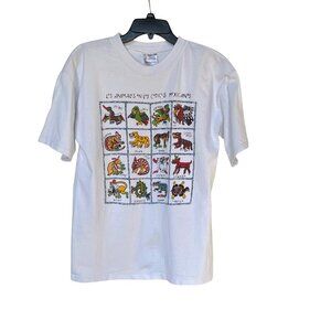 Vtg White Tee Shirt Mexican Animal Codices Print Short Sleeve Cotton Unisex OSFM
